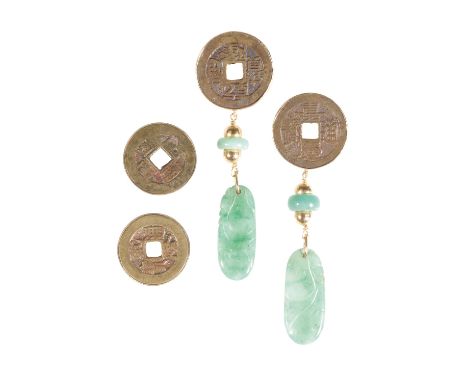 PAIR OF CARVED JADEITE CHANDELIER EARRINGS, carved and ring jadeite suspended from Chinese "coins", mounted in gold, the butt