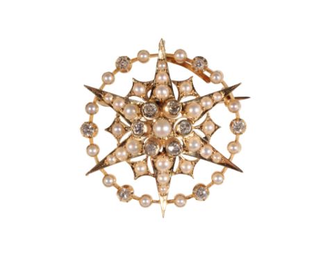 A VICTORIAN DIAMOND AND SEED PEARL STAR BROOCH/PENDANT, the reverse with removable pin fastener, in an unmarked yellow gold s