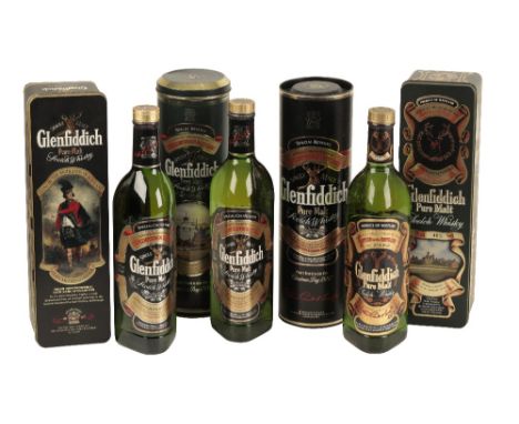 GLENFIDDICH WHISKY: FOUR BOTTLES OF SINGLE MALT SCOTCH WHISKY, two 75cl and two 70cl, all 40%, two in tins and two in carton 