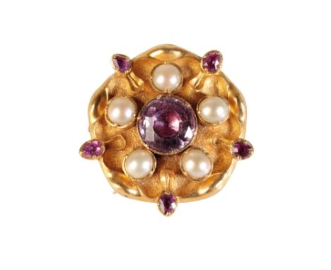19TH CENTURY PEARL AND GEM SET BROOCH/ PENDANT the centre pink gem stone, surrounded by five cultured pearls and five outer g