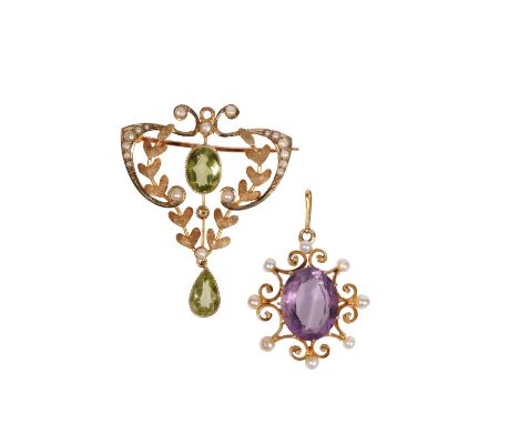 EDWARDIAN AMETHYST AND SEED PEARL BROOCH, together with a pendant (2)