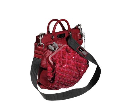 MARC JACOBS RED LEATHER 'DUFFY' HANDBAG WITH DIAMANTE FROG DETAIL attached to a faux purse with red sequin detail, and detach