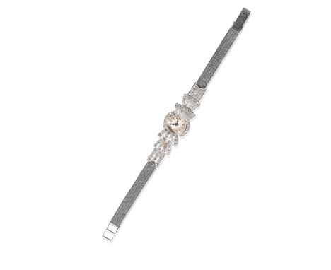 LADY'S 9CT WHITE GOLD AND DIAMOND COCKTAIL WATCH with a manual wind movement, the white dial with black Arabic numerals and d