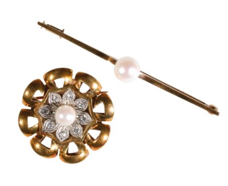 DIAMOND AND CULTURED PEARL BROOCH, the centre pearl surrounded by pave-set diamond petals and outer gold border, the reverse 