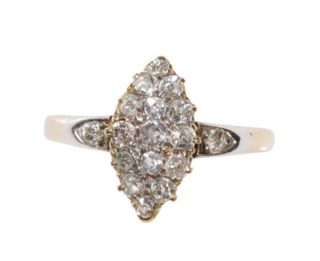 DIAMOND CLUSTER RING, of marquise form, on an 18ct yellow gold shank with diamond set shoulders, ring size O