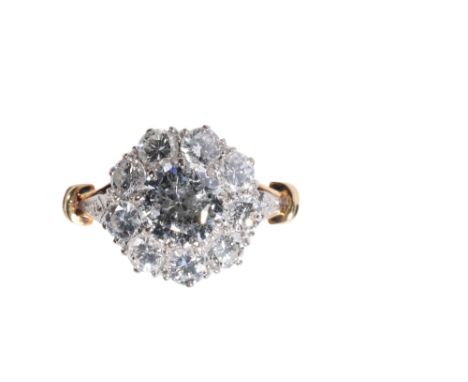 DIAMOND CLUSTER RING, the central brilliant-cut diamond approx 1.50ct, surrounded by nine further brilliant-cut diamonds, on 