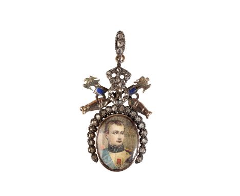 NAPOLEON PORTRAIT PENDANT, attached to a Royal Napoleon crest set with a "horse shoe" of old cut diamonds, old-cut diamond cr