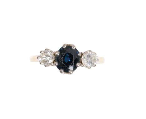 SAPPHIRE AND DIAMOND RING, the round-cut sapphire flanked either side with a brilliant-cut diamond, approx .66 ct total weigh