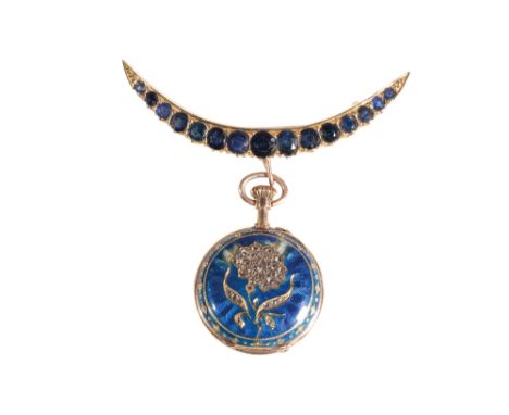 SAPPHIRE CRESCENT BROOCH, claw-set on unmarked yellow metal, suspending a fob watch decorated with old-cut diamonds, on a blu