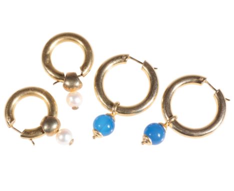 PAIR OF CULTURED PEARL LOOP EAR STUDS, each white tone pearl, suspended from a hollow loop with stud clip fastener, stamped "