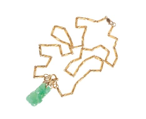 JADE AND DIAMOND PENDANT NECKLACE, the carved jade 1.9cm long, with diamond set suspension, attached to a yellow gold necklac