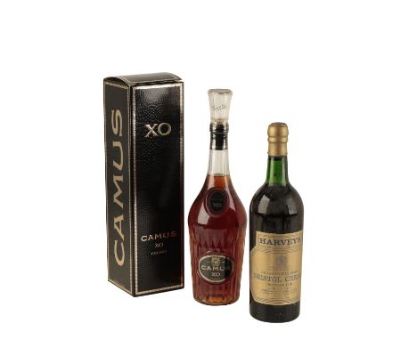 CAMUS XO COGNAC, single bottle, tall decanter style bottle, in original cardboard carton; and a single bottle of Harvey's Bri