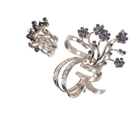 WHITE GOLD, DIAMOND AND SAPPHIRE SPRAY BROOCH AND EN-SUITE RING, the brooch set with cabochon sapphires and round-cut diamond