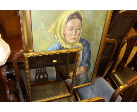 A large oil portrait study and a gilt framed mirror