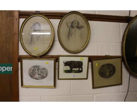 A pair of gilt framed oval portrait prints together with three other prints entitled 'The Young Dutchman', 'Buffalo' and 'Off