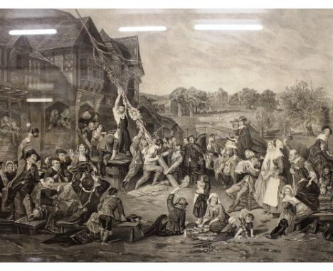 A 19th Century black and white print entitled 'Raising The Maypole' contained in maple frame