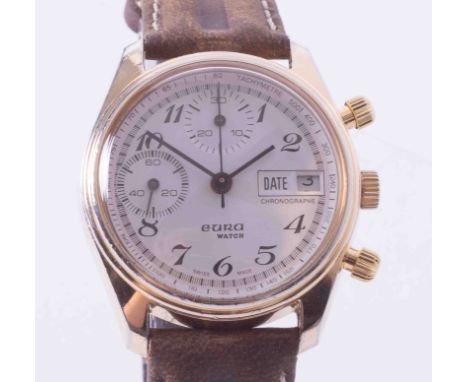 Eura, a vintage (circa 1978) Eura Valijoux gold plated 7765 mechanical hand wind chronograph wristwatch.Condition reports are