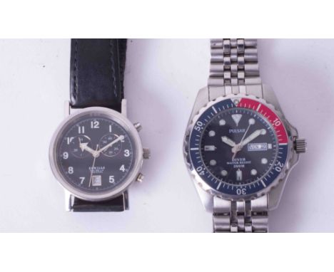 Sewills, a gents chronograph date stainless steel wristwatch together with a Pulsar 'Pepsi' dial wristwatch (2).