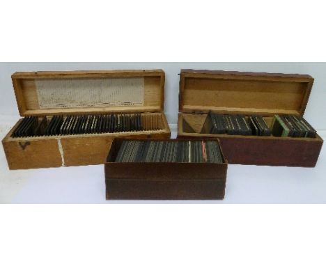 Three boxes of coloured and black and white lantern slides, including South African Gold Fields series, late 19th/early 20th 