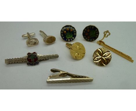 A 9ct gold tie pin, marked Italy 9K, weight 2.6g, three pairs of cufflinks and two other tie pins
