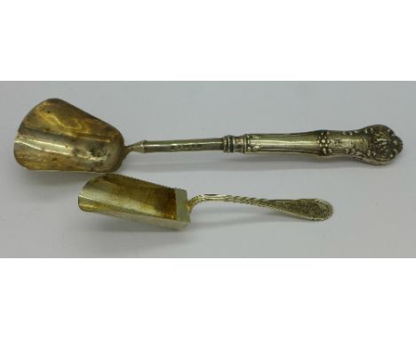 A William IV silver scoop spoon, Birmingham 1834 by Gervase Wheeler and a .800 silver caddy spoon
