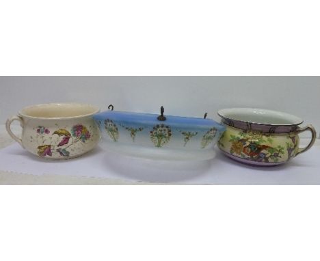Two chamber pots and a glass hanging light shade