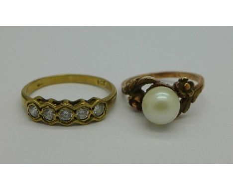 A 9ct gold and pearl ring and a 9ct gold five stone ring, weight 4.7g, sizes K and M