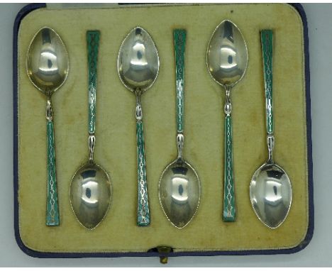 A set of six silver and enamel coffee spoons, Birmingham 1938