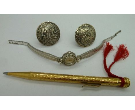 A pair of large Mexico silver cufflinks, a cocktail wristwatch and a plated pencil