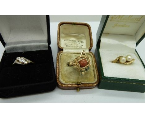 An 18ct gold and diamond ring, a yellow metal ring and a 9ct gold ring, sizes P, K and J