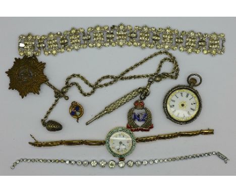 A lady's gold plated and guilloche enamel wristwatch, an Albertina, jewellery, etc.