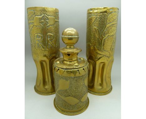 A pair of trench art vases marked Arras and a trench art tobacco jar