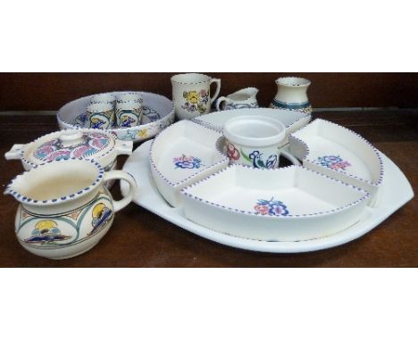 A Poole hors's d'oeuvres dish and bowl, Honiton pottery, etc.