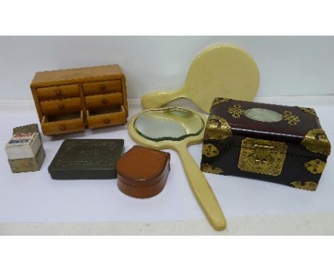 An Art Nouveau metal pin tin, a leather stud/cufflinks box, a Little Duke, USA patience card game, a miniature chest of six d