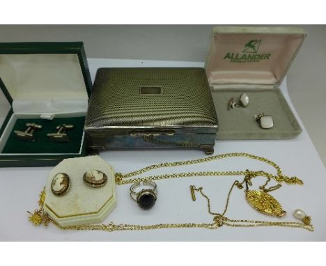 Two pairs of silver cufflinks, a pair of cameo cufflinks, a plated cigarette box, rolled gold jewellery, a silver ring and a 