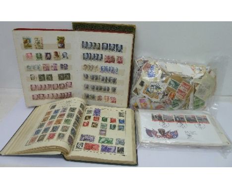 A collection of stamps including an album, a stock book, 1960's to 1990's first day covers and loose stamps
