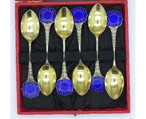 A set of six silver and enamel Masonic spoons, weight 92g