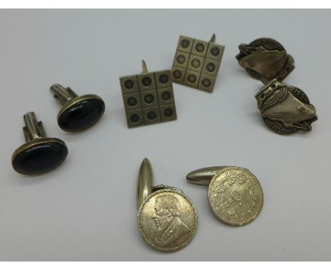 Four pairs of silver and white metal cufflinks, including M.S. Randfontein, weight 54.6g