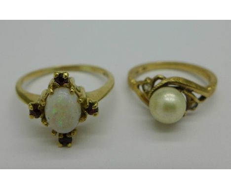 A 9ct gold and pearl ring and a yellow metal, opal and garnet ring, weight 5.5g, sizes J and P