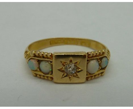 A Victorian 18ct gold opal and diamond ring, weight 2.3g, size K