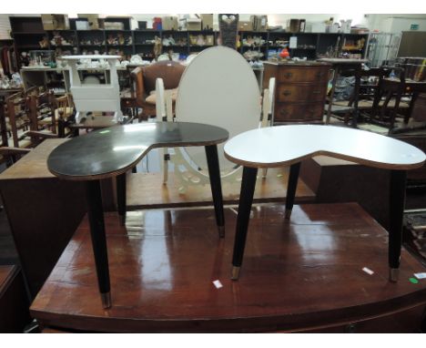 A pair of vintage side tables, monochrome design on dansette style legs