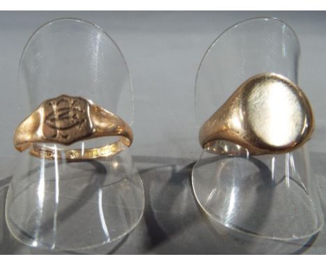 Two gold rings the first 15ct, size R, approximately 2.04 grams, the other 9ct, size P and a half, approximately 6.15 grams.