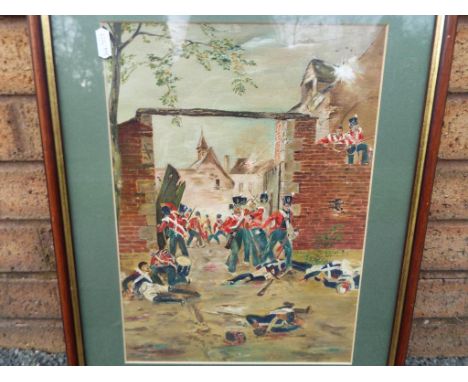 A military interest oil, mounted and framed under glass, depicting the Battle of Waterloo at Hougoumont Farm, signed verso by