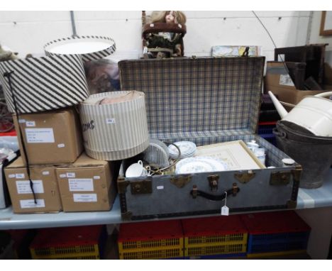 A mixed lot to include three boxed sets of aerial, free standing bath feet, vintage trunk, ceramics, including Royal Doulton 