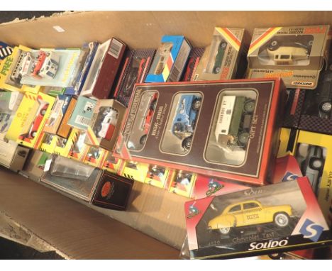 Box of diecast model vehicles including Days Gone By Shell Sportscar Collection Matchbox etc