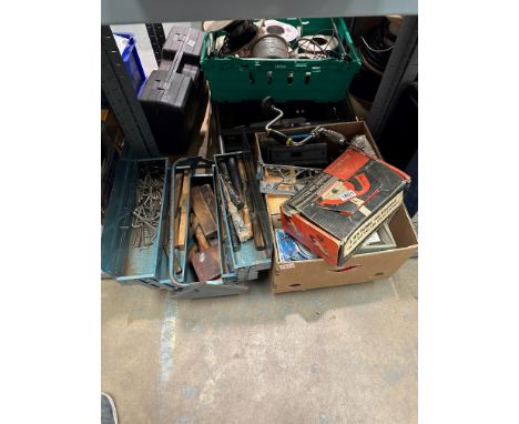 Two boxes of mixed joiners tools to include wood chisels and No4 plane. Not available for in-house P&amp;P 