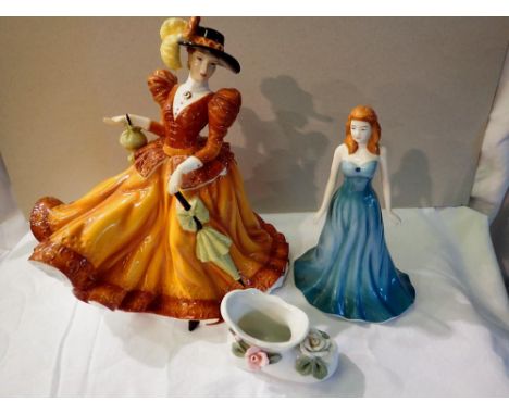 Two Royal Doulton figurines, turquoise and forever austum, together with a ceramic boot (3). P&amp;P Group 2 (£18+VAT for the