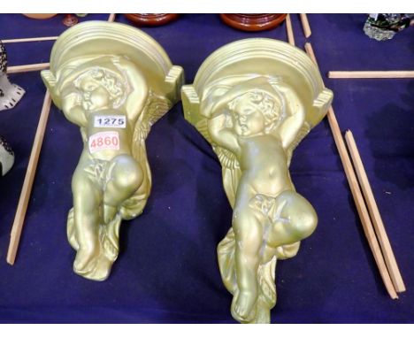Two gilt painted ceramic cherub corbels. Not available for in-house P&amp;P 