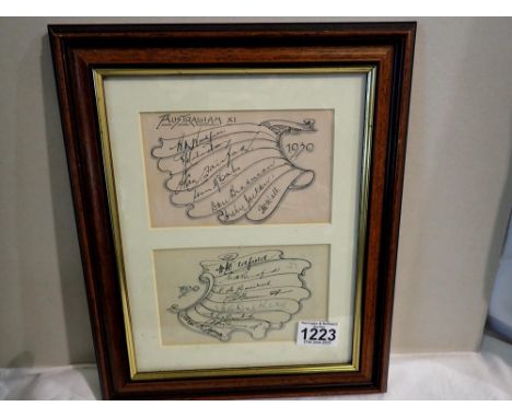 1930 Australia XI team signatures, including Wall, Jackson, McBale and others, across two pages later mounted and framed. P&a