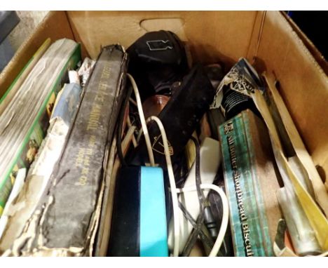 Box of mixed vintage motoring items to include Jaguar XK service manual. Not available for in-house P&amp;P 